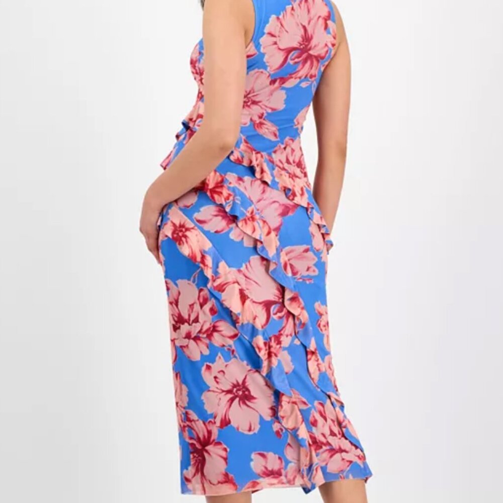 Rachel Roy dress sleeveless blue with big pink flowers, tiered ruffles (L) NWT - Picture 4 of 11